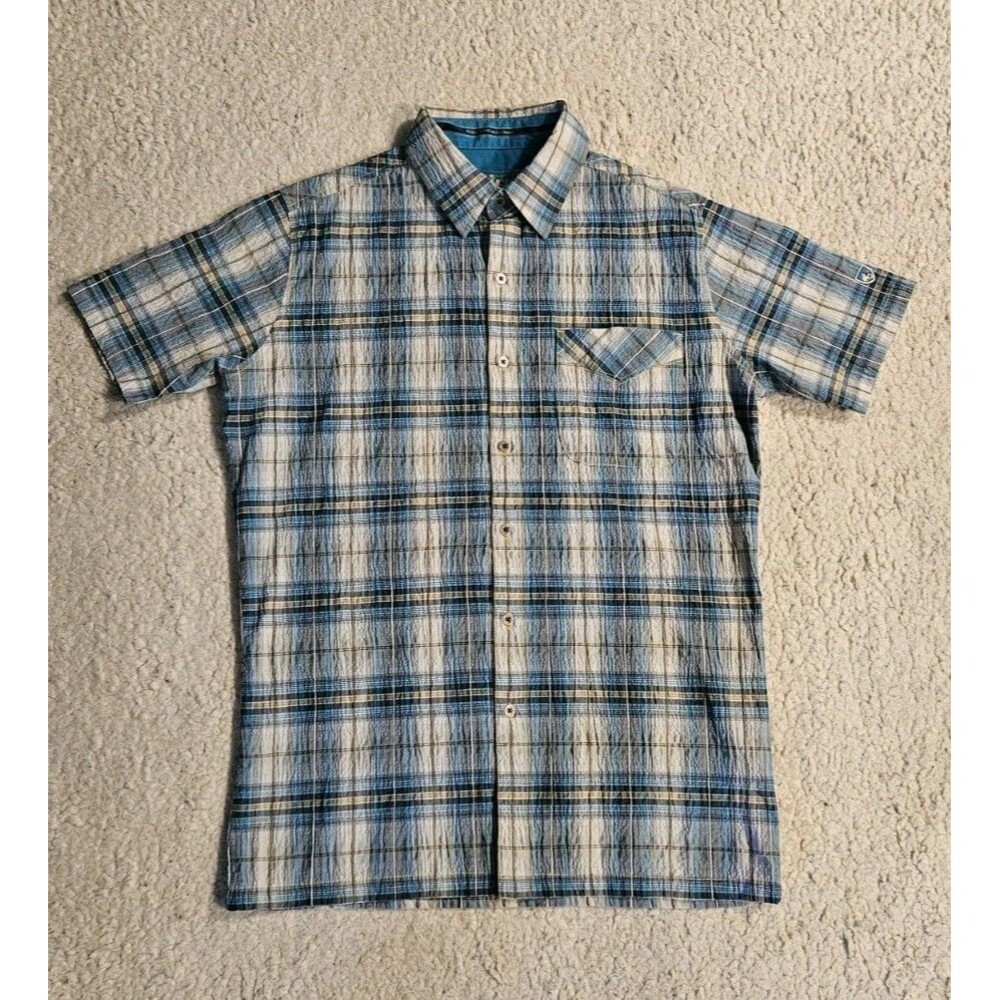 Kuhl Mens S Short Sleeve Button Up Shirt Blue Plaid Seersucker Outdoor Hiking